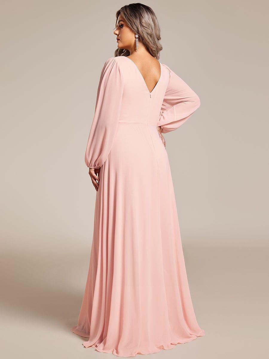 pretty ESMÉE|Plus Size A-Line V-Neck See-Through Long Sleeves Shiny Belt Chiffon Evening Dress