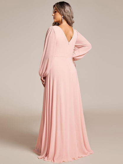 pretty ESMÉE|Plus Size A-Line V-Neck See-Through Long Sleeves Shiny Belt Chiffon Evening Dress