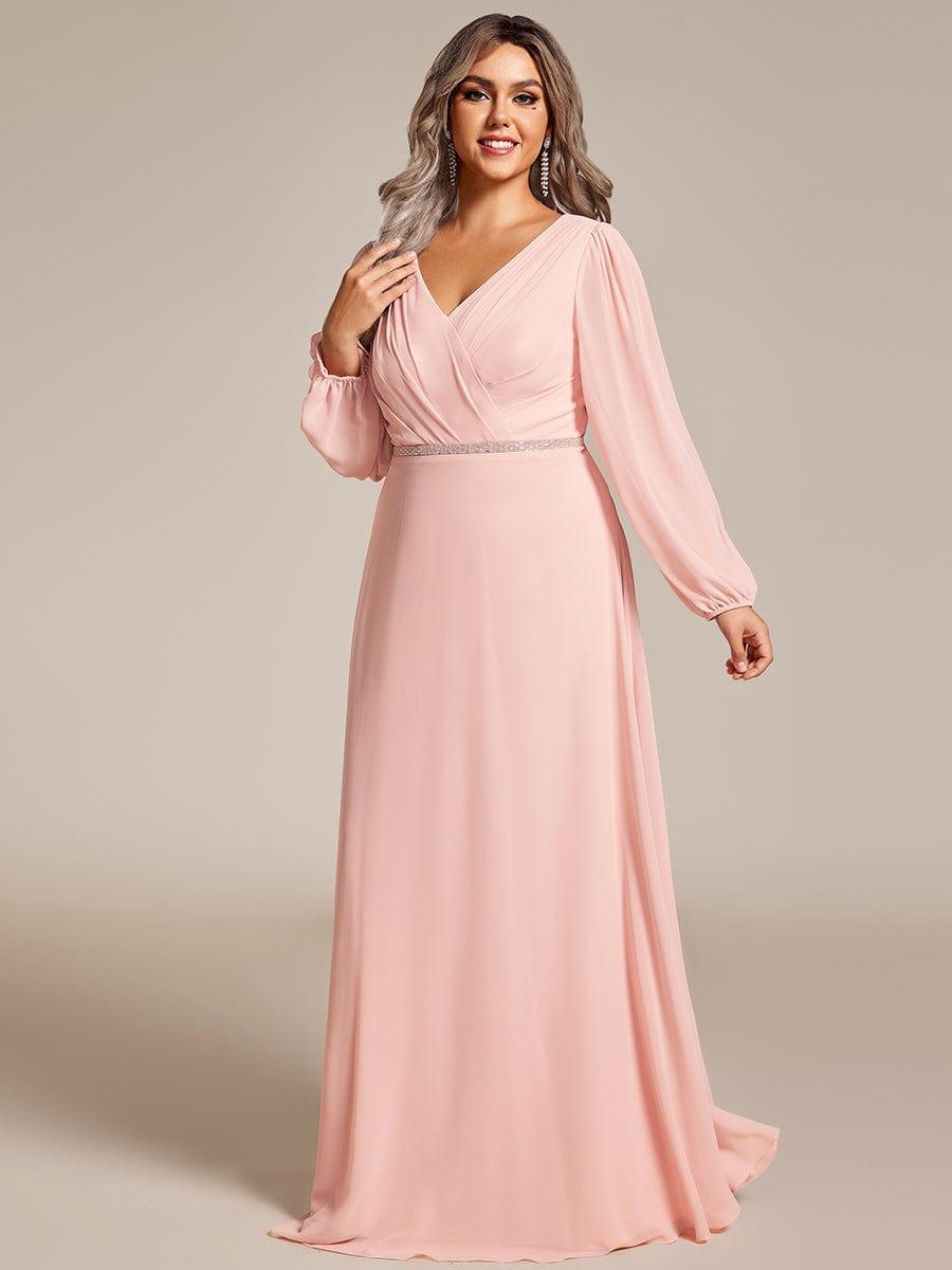 pretty ESMÉE|Plus Size A-Line V-Neck See-Through Long Sleeves Shiny Belt Chiffon Evening Dress