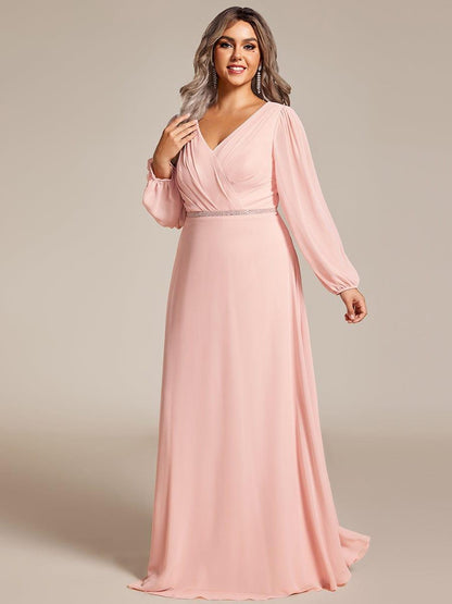 pretty ESMÉE|Plus Size A-Line V-Neck See-Through Long Sleeves Shiny Belt Chiffon Evening Dress