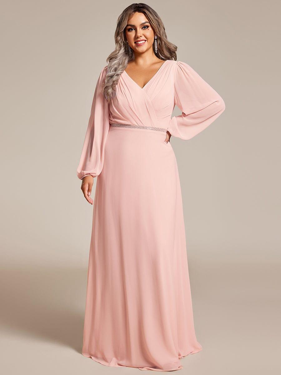 pretty ESMÉE|Plus Size A-Line V-Neck See-Through Long Sleeves Shiny Belt Chiffon Evening Dress