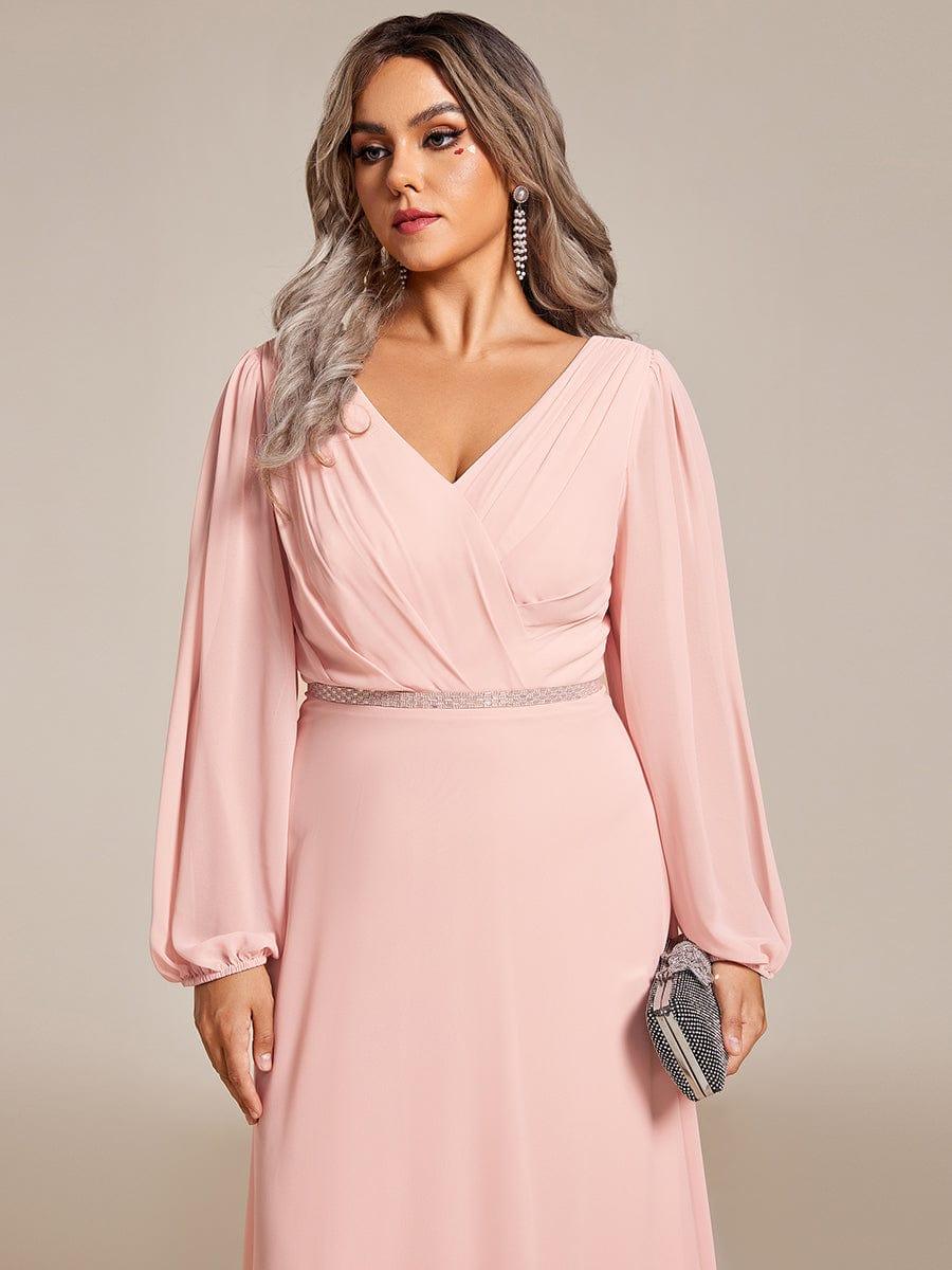 pretty ESMÉE|Plus Size A-Line V-Neck See-Through Long Sleeves Shiny Belt Chiffon Evening Dress