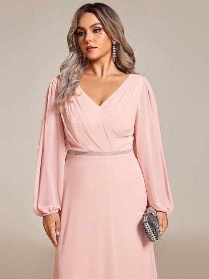 pretty ESMÉE|Plus Size A-Line V-Neck See-Through Long Sleeves Shiny Belt Chiffon Evening Dress