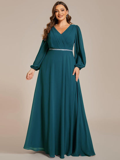 pretty ESMÉE|Plus Size A-Line V-Neck See-Through Long Sleeves Shiny Belt Chiffon Evening Dress