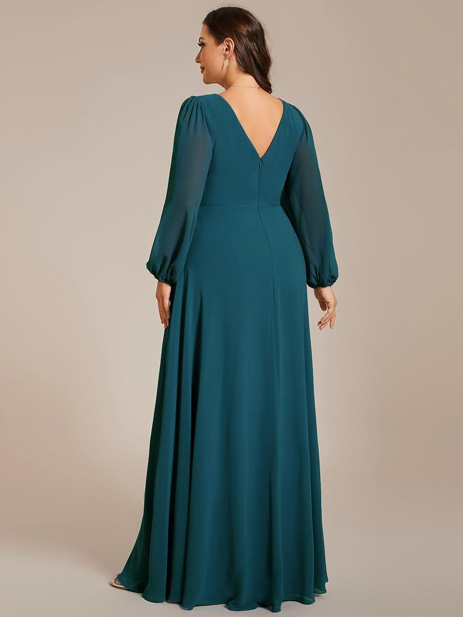 pretty ESMÉE|Plus Size A-Line V-Neck See-Through Long Sleeves Shiny Belt Chiffon Evening Dress
