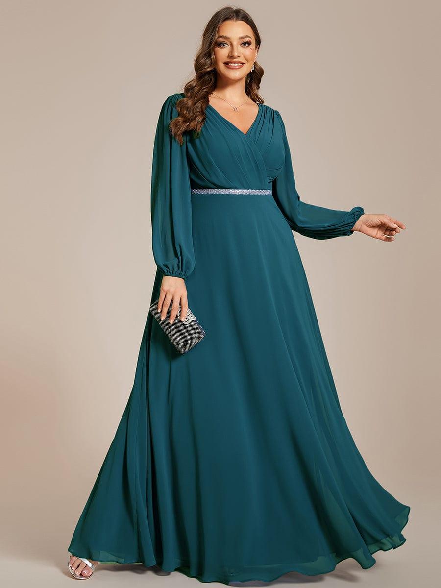 pretty ESMÉE|Plus Size A-Line V-Neck See-Through Long Sleeves Shiny Belt Chiffon Evening Dress