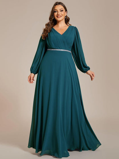 pretty ESMÉE|Plus Size A-Line V-Neck See-Through Long Sleeves Shiny Belt Chiffon Evening Dress