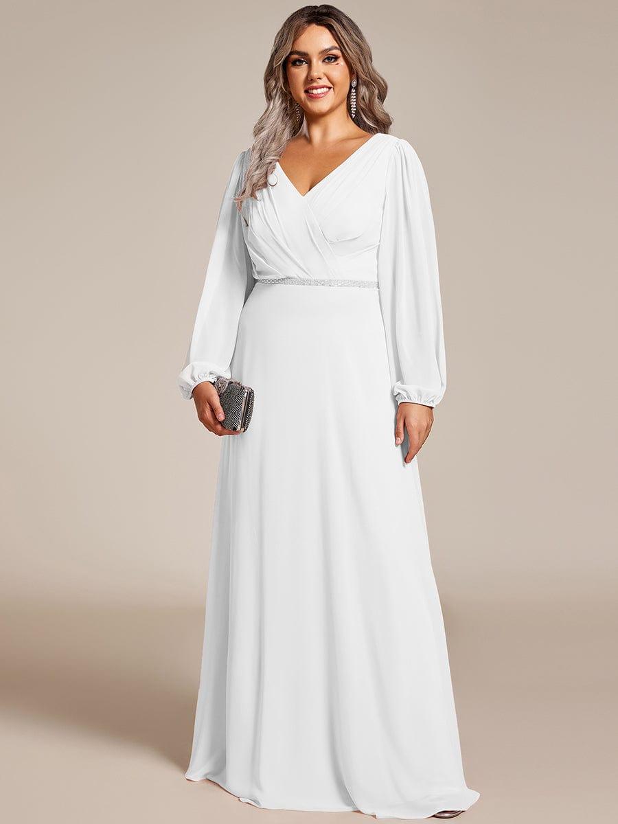pretty ESMÉE|Plus Size A-Line V-Neck See-Through Long Sleeves Shiny Belt Chiffon Evening Dress