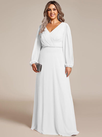 pretty ESMÉE|Plus Size A-Line V-Neck See-Through Long Sleeves Shiny Belt Chiffon Evening Dress