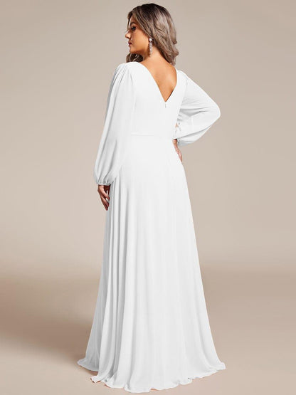 pretty ESMÉE|Plus Size A-Line V-Neck See-Through Long Sleeves Shiny Belt Chiffon Evening Dress