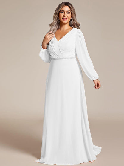 pretty ESMÉE|Plus Size A-Line V-Neck See-Through Long Sleeves Shiny Belt Chiffon Evening Dress
