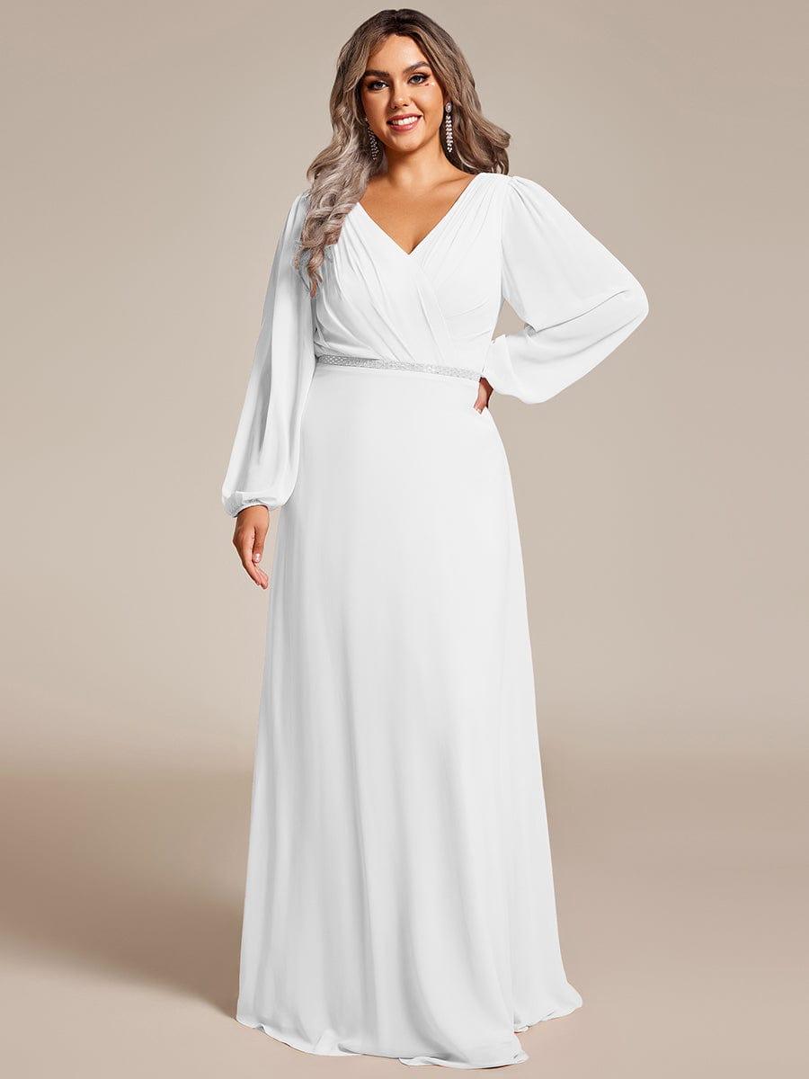 pretty ESMÉE|Plus Size A-Line V-Neck See-Through Long Sleeves Shiny Belt Chiffon Evening Dress