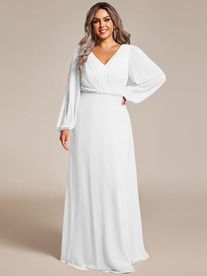 pretty ESMÉE|Plus Size A-Line V-Neck See-Through Long Sleeves Shiny Belt Chiffon Evening Dress