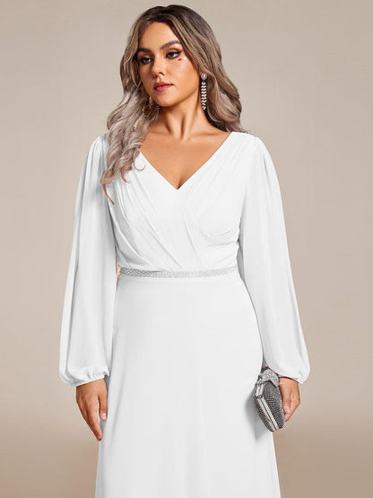 pretty ESMÉE|Plus Size A-Line V-Neck See-Through Long Sleeves Shiny Belt Chiffon Evening Dress