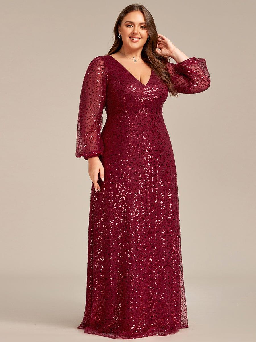 pretty RAYVEN|Plus Size V-Neck Lantern Long Sleeve Sequin A-Line Evening Dress