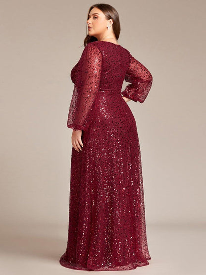 pretty RAYVEN|Plus Size V-Neck Lantern Long Sleeve Sequin A-Line Evening Dress