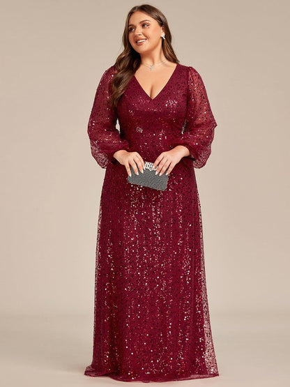 pretty RAYVEN|Plus Size V-Neck Lantern Long Sleeve Sequin A-Line Evening Dress
