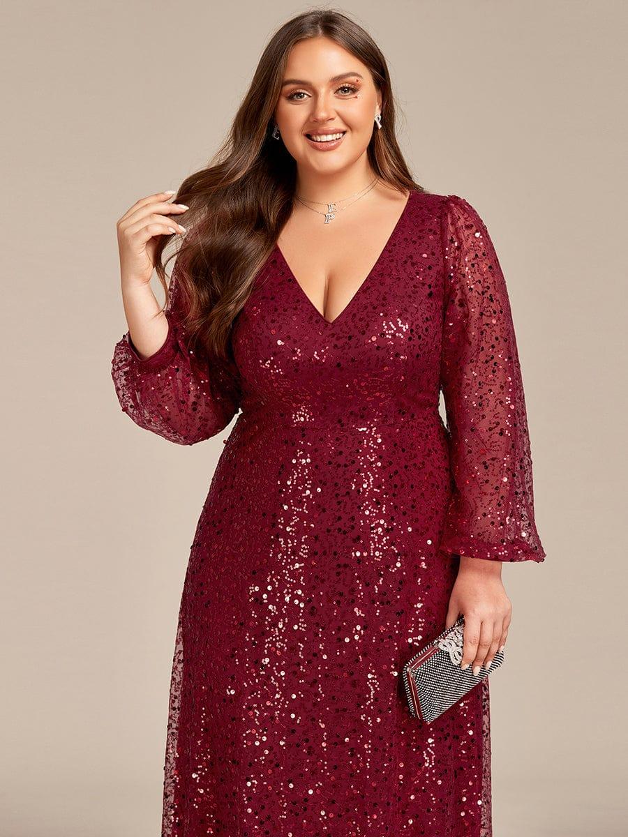 pretty RAYVEN|Plus Size V-Neck Lantern Long Sleeve Sequin A-Line Evening Dress
