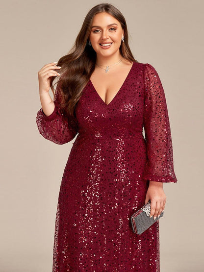 pretty RAYVEN|Plus Size V-Neck Lantern Long Sleeve Sequin A-Line Evening Dress