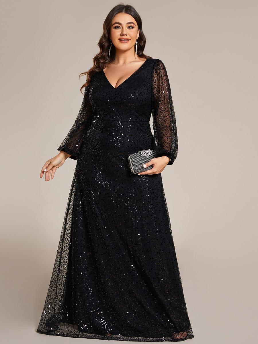 pretty RAYVEN|Plus Size V-Neck Lantern Long Sleeve Sequin A-Line Evening Dress