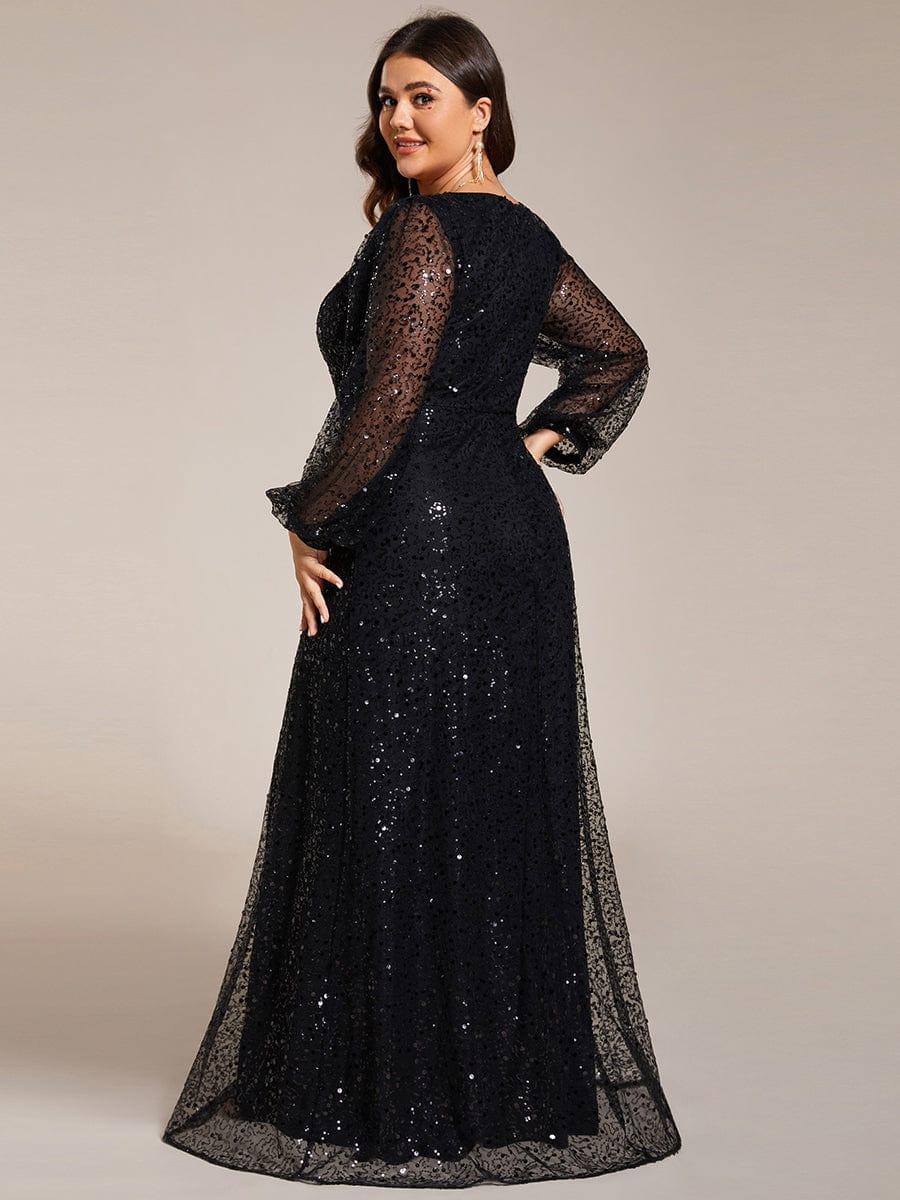 pretty RAYVEN|Plus Size V-Neck Lantern Long Sleeve Sequin A-Line Evening Dress