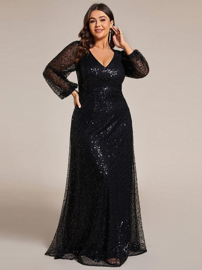 pretty RAYVEN|Plus Size V-Neck Lantern Long Sleeve Sequin A-Line Evening Dress