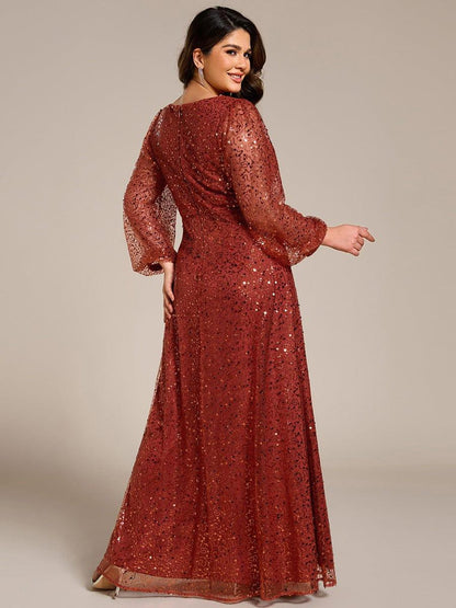 pretty RAYVEN|Plus Size V-Neck Lantern Long Sleeve Sequin A-Line Evening Dress