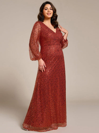 pretty RAYVEN|Plus Size V-Neck Lantern Long Sleeve Sequin A-Line Evening Dress