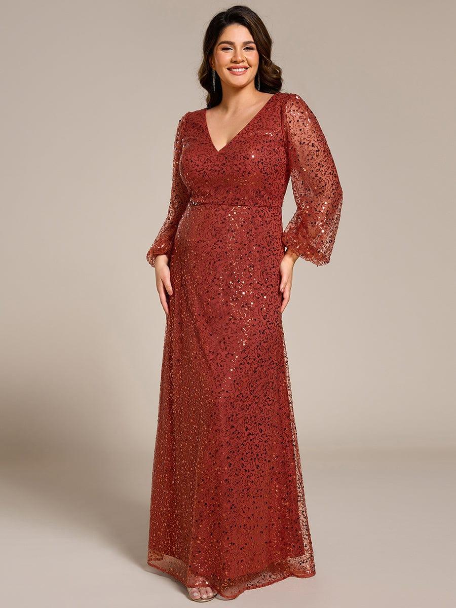 pretty RAYVEN|Plus Size V-Neck Lantern Long Sleeve Sequin A-Line Evening Dress
