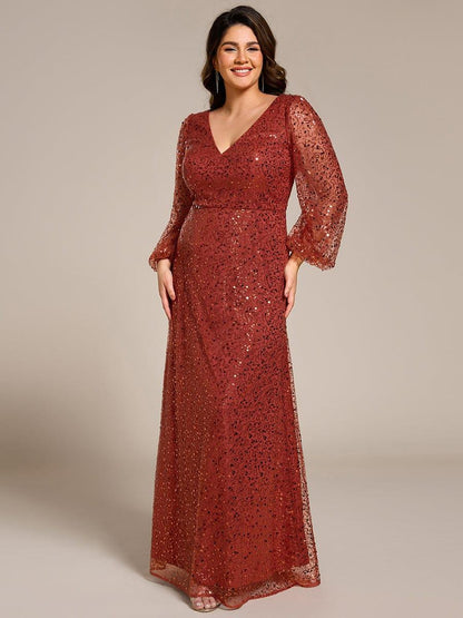 pretty RAYVEN|Plus Size V-Neck Lantern Long Sleeve Sequin A-Line Evening Dress