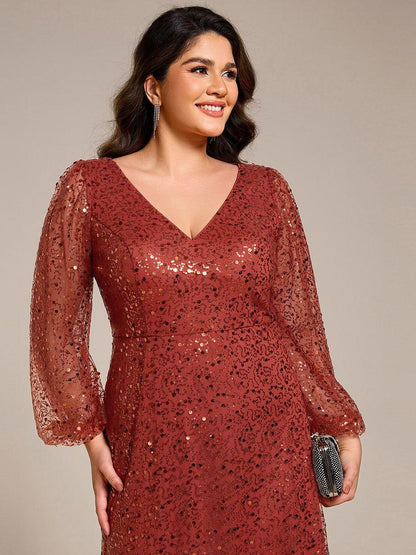 pretty RAYVEN|Plus Size V-Neck Lantern Long Sleeve Sequin A-Line Evening Dress