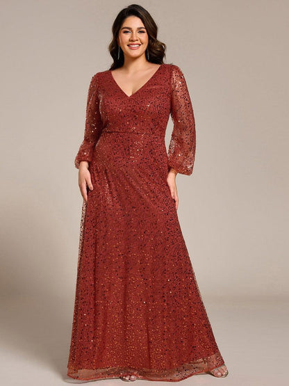 pretty RAYVEN|Plus Size V-Neck Lantern Long Sleeve Sequin A-Line Evening Dress