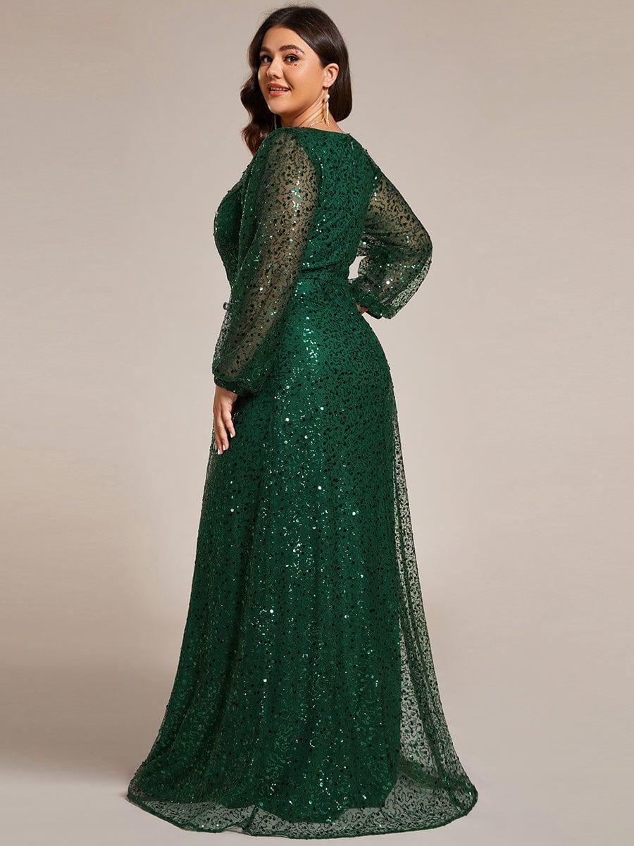 pretty RAYVEN|Plus Size V-Neck Lantern Long Sleeve Sequin A-Line Evening Dress