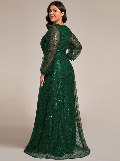 pretty RAYVEN|Plus Size V-Neck Lantern Long Sleeve Sequin A-Line Evening Dress