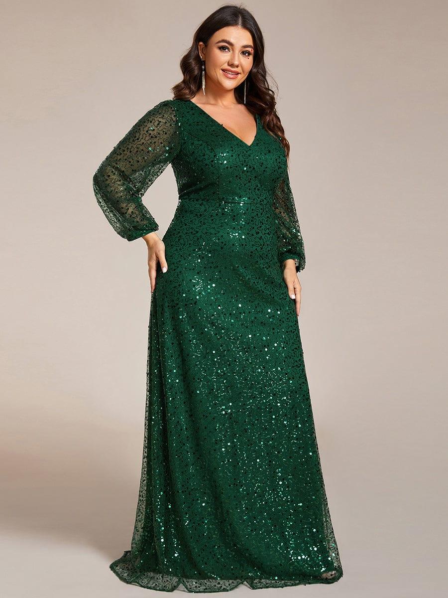 pretty RAYVEN|Plus Size V-Neck Lantern Long Sleeve Sequin A-Line Evening Dress