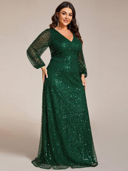 pretty RAYVEN|Plus Size V-Neck Lantern Long Sleeve Sequin A-Line Evening Dress
