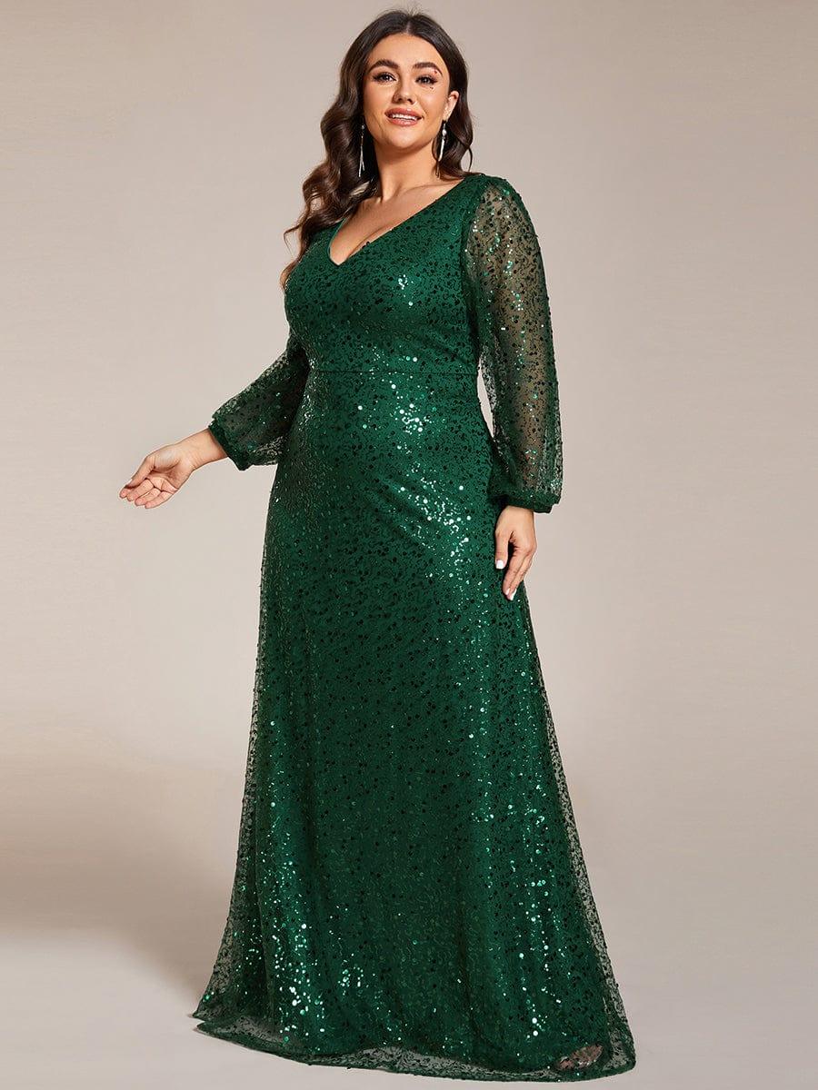 pretty RAYVEN|Plus Size V-Neck Lantern Long Sleeve Sequin A-Line Evening Dress