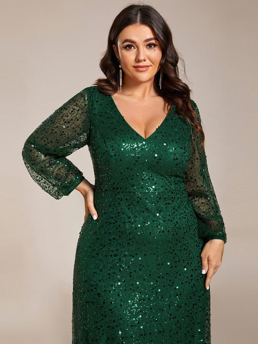 pretty RAYVEN|Plus Size V-Neck Lantern Long Sleeve Sequin A-Line Evening Dress