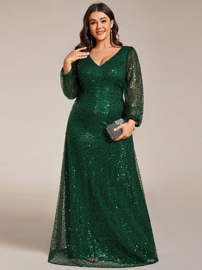 pretty RAYVEN|Plus Size V-Neck Lantern Long Sleeve Sequin A-Line Evening Dress