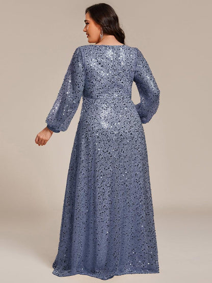 pretty RAYVEN|Plus Size V-Neck Lantern Long Sleeve Sequin A-Line Evening Dress