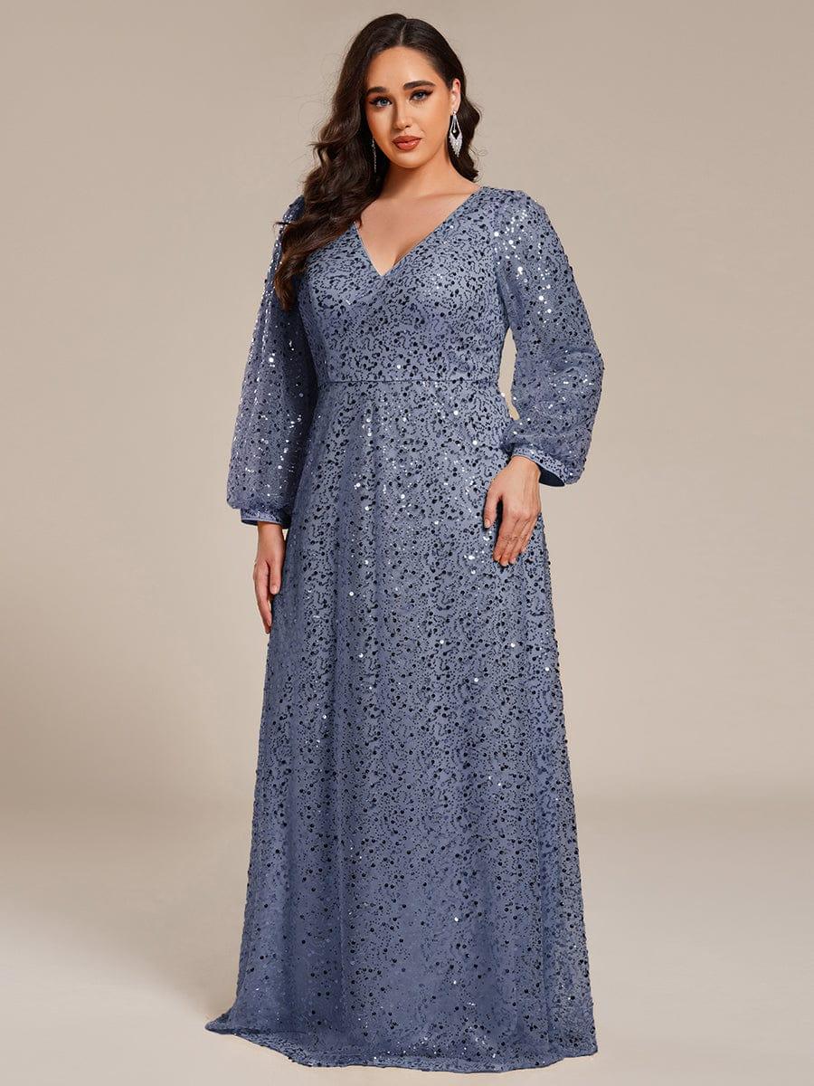 pretty RAYVEN|Plus Size V-Neck Lantern Long Sleeve Sequin A-Line Evening Dress