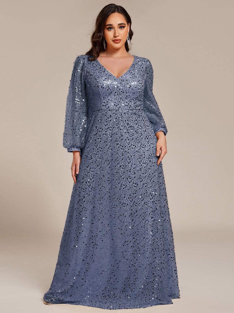 pretty RAYVEN|Plus Size V-Neck Lantern Long Sleeve Sequin A-Line Evening Dress