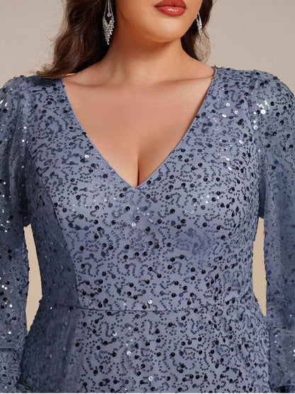 pretty RAYVEN|Plus Size V-Neck Lantern Long Sleeve Sequin A-Line Evening Dress