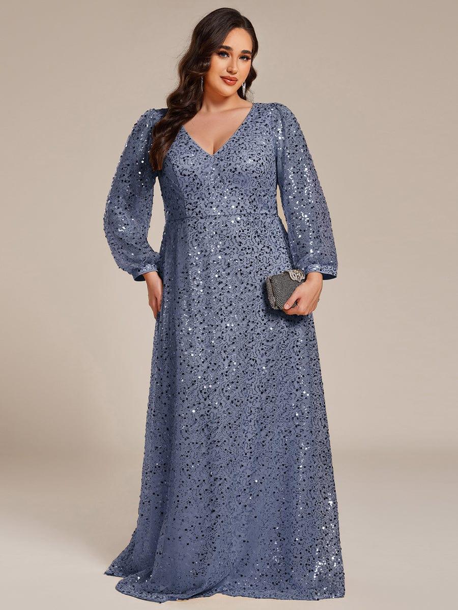 pretty RAYVEN|Plus Size V-Neck Lantern Long Sleeve Sequin A-Line Evening Dress