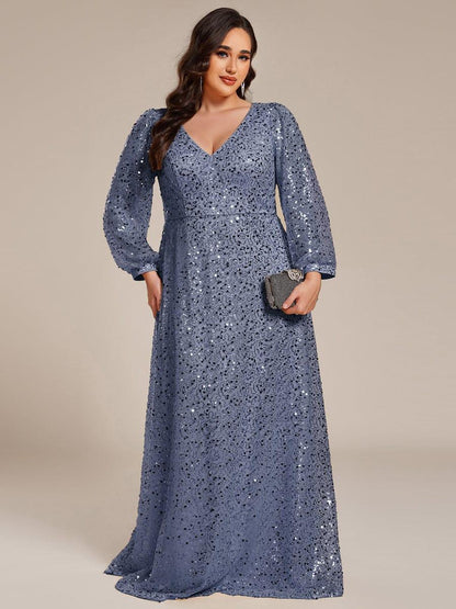 pretty RAYVEN|Plus Size V-Neck Lantern Long Sleeve Sequin A-Line Evening Dress