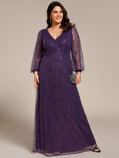 pretty RAYVEN|Plus Size V-Neck Lantern Long Sleeve Sequin A-Line Evening Dress