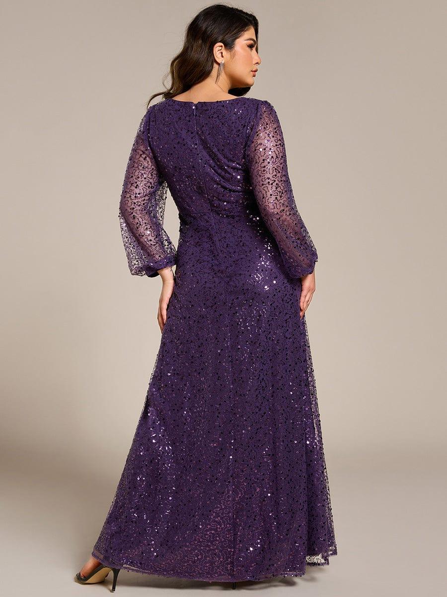 pretty RAYVEN|Plus Size V-Neck Lantern Long Sleeve Sequin A-Line Evening Dress