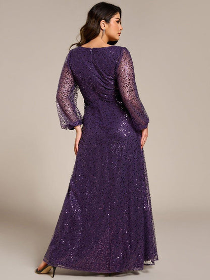 pretty RAYVEN|Plus Size V-Neck Lantern Long Sleeve Sequin A-Line Evening Dress