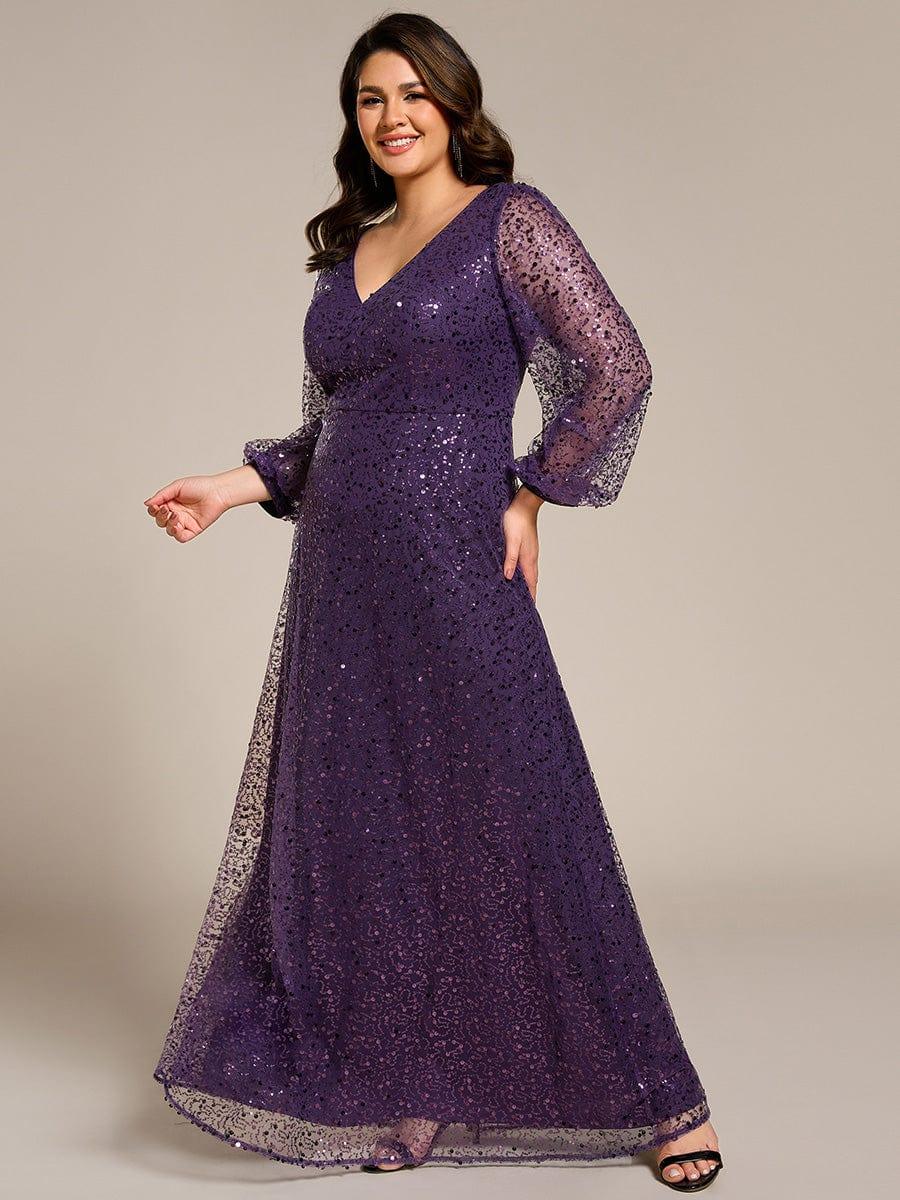 pretty RAYVEN|Plus Size V-Neck Lantern Long Sleeve Sequin A-Line Evening Dress