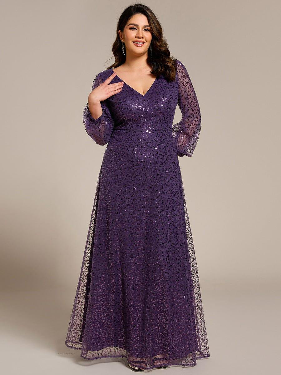 pretty RAYVEN|Plus Size V-Neck Lantern Long Sleeve Sequin A-Line Evening Dress